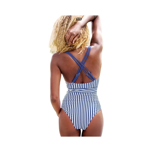 1 NWOT Cupshe Blue/White Striped RuffleOne Piece Swimsuit with Plunging V-Neck - Picture 3 of 10